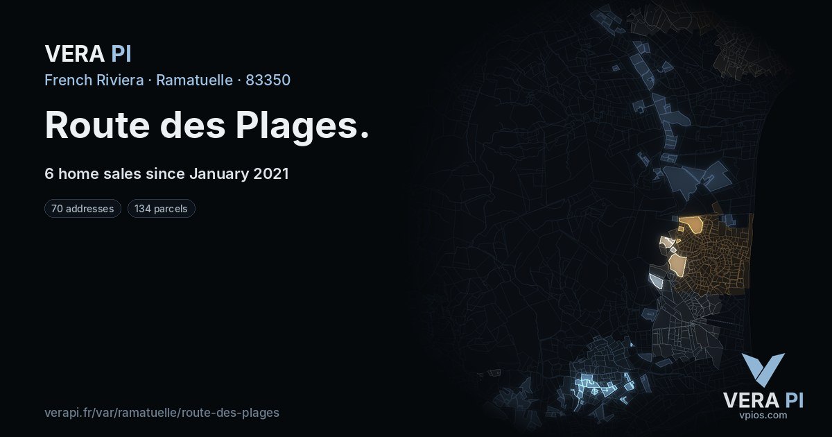 Route des Plages, Ramatuelle at night – every parcel coloured by the prices around it, the street's own parcels lit