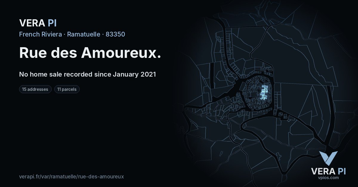 Rue des Amoureux, Ramatuelle at night – every parcel coloured by the prices around it, the street's own parcels lit