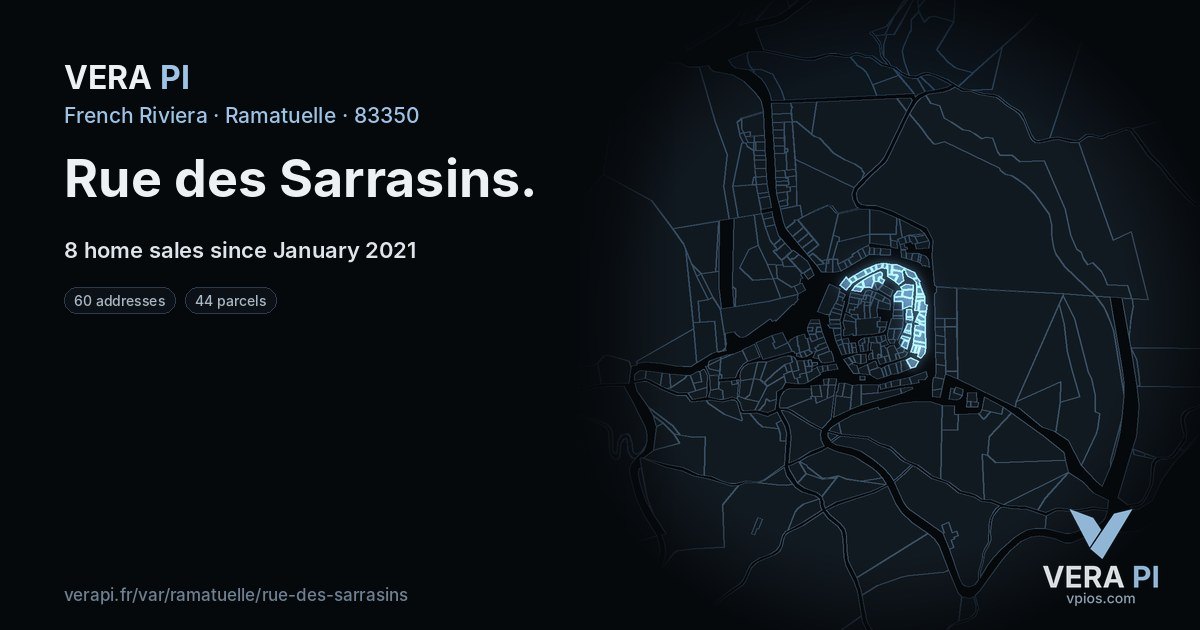 Rue des Sarrasins, Ramatuelle at night – every parcel coloured by the prices around it, the street's own parcels lit