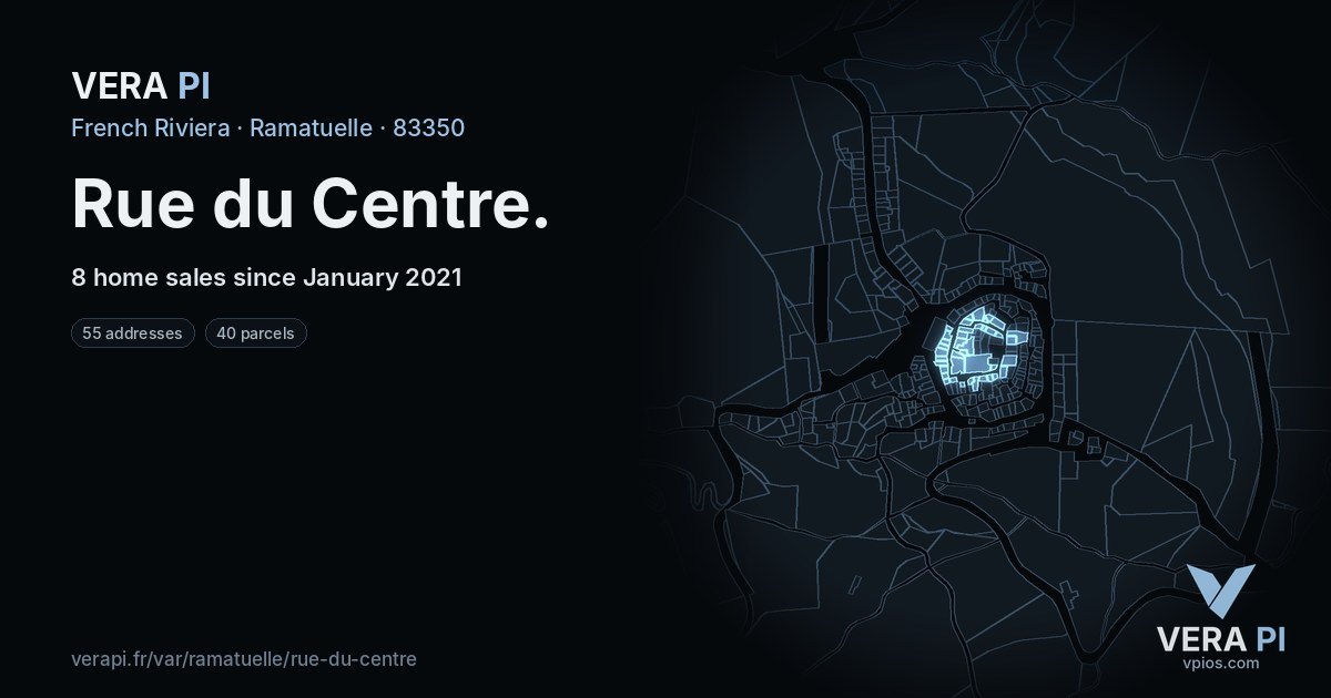 Rue du Centre, Ramatuelle at night – every parcel coloured by the prices around it, the street's own parcels lit
