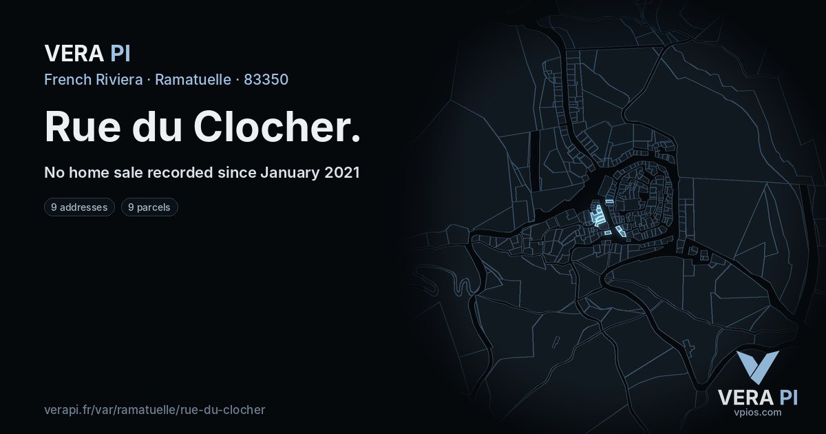 Rue du Clocher, Ramatuelle at night – every parcel coloured by the prices around it, the street's own parcels lit
