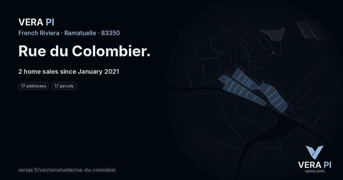 Rue du Colombier, Ramatuelle at night – every parcel coloured by the prices around it, the street's own parcels lit