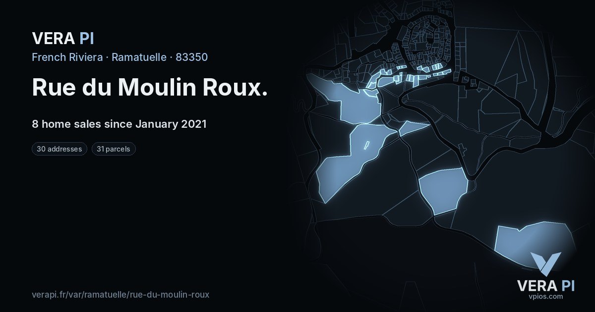 Rue du Moulin Roux, Ramatuelle at night – every parcel coloured by the prices around it, the street's own parcels lit