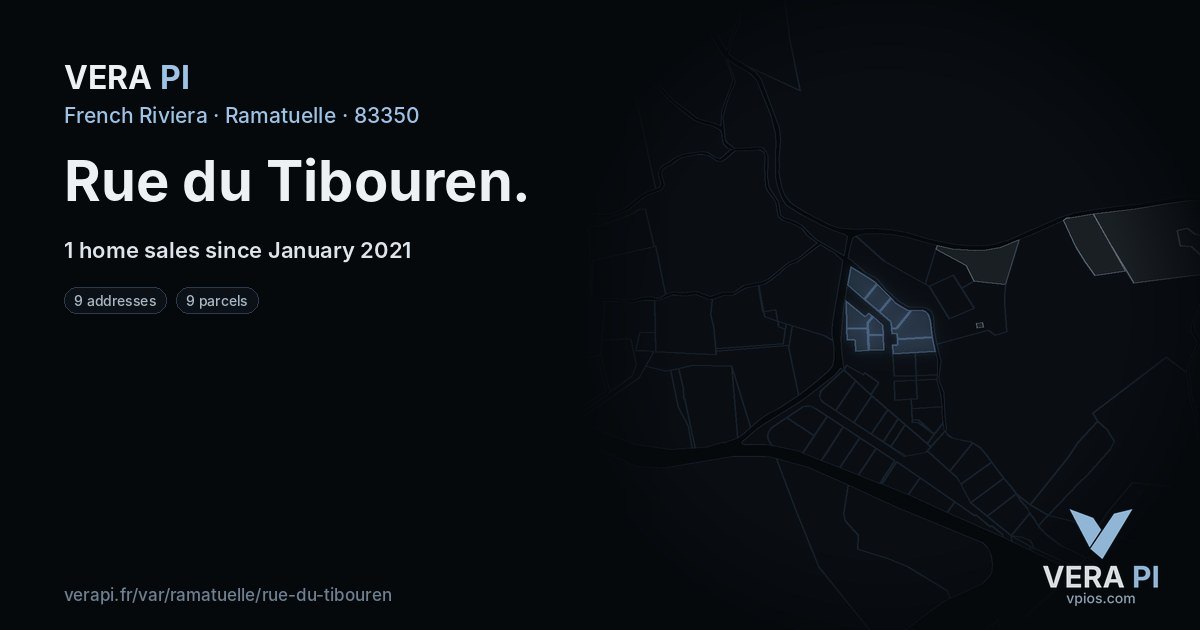 Rue du Tibouren, Ramatuelle at night – every parcel coloured by the prices around it, the street's own parcels lit