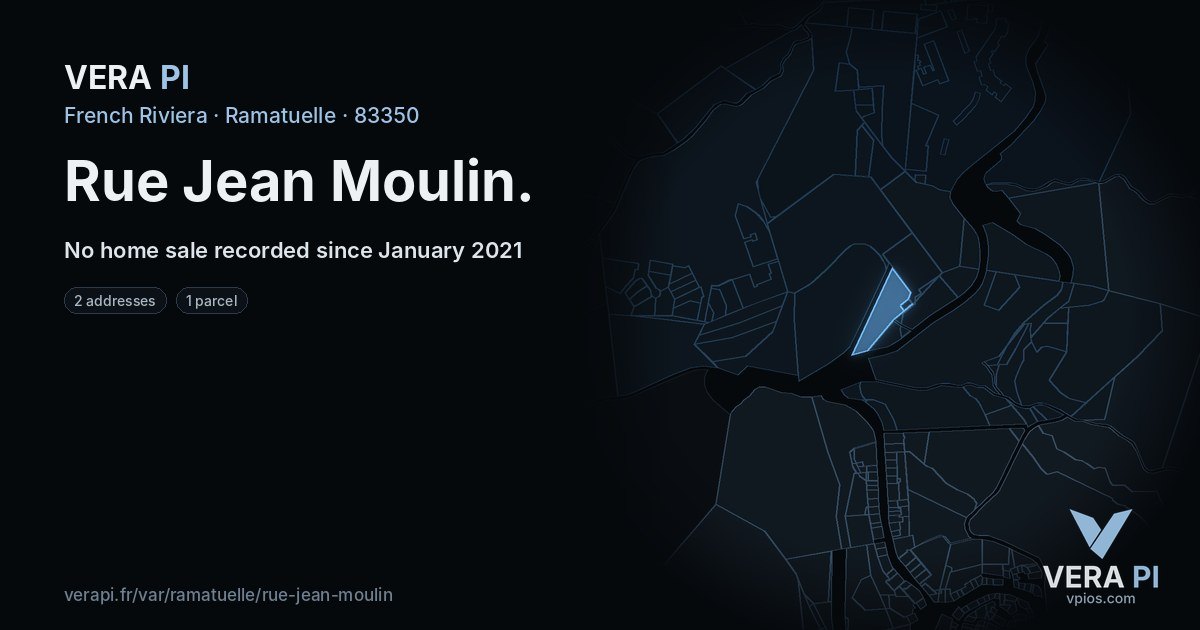 Rue Jean Moulin, Ramatuelle at night – every parcel coloured by the prices around it, the street's own parcels lit