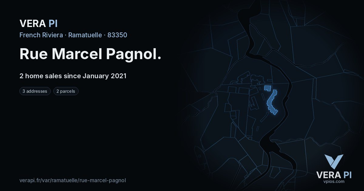 Rue Marcel Pagnol, Ramatuelle at night – every parcel coloured by the prices around it, the street's own parcels lit