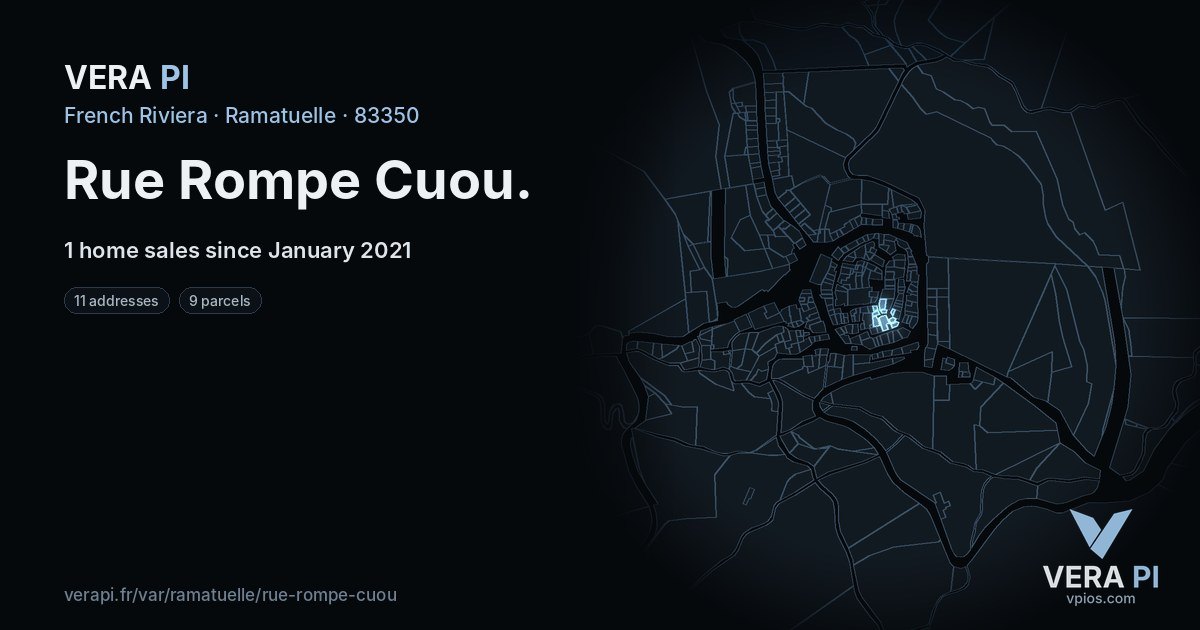 Rue Rompe Cuou, Ramatuelle at night – every parcel coloured by the prices around it, the street's own parcels lit