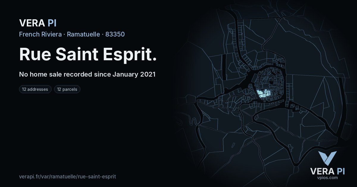 Rue Saint Esprit, Ramatuelle at night – every parcel coloured by the prices around it, the street's own parcels lit
