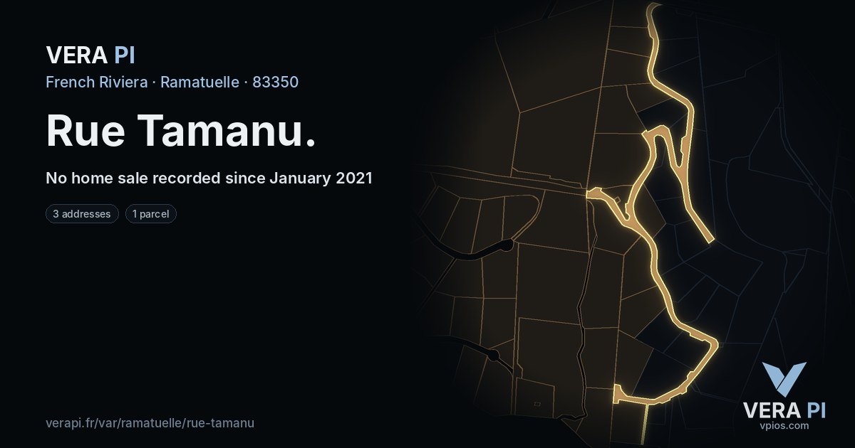 Rue Tamanu, Ramatuelle at night – every parcel coloured by the prices around it, the street's own parcels lit