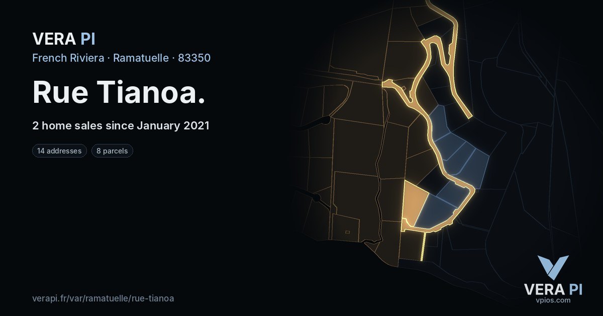 Rue Tianoa, Ramatuelle at night – every parcel coloured by the prices around it, the street's own parcels lit