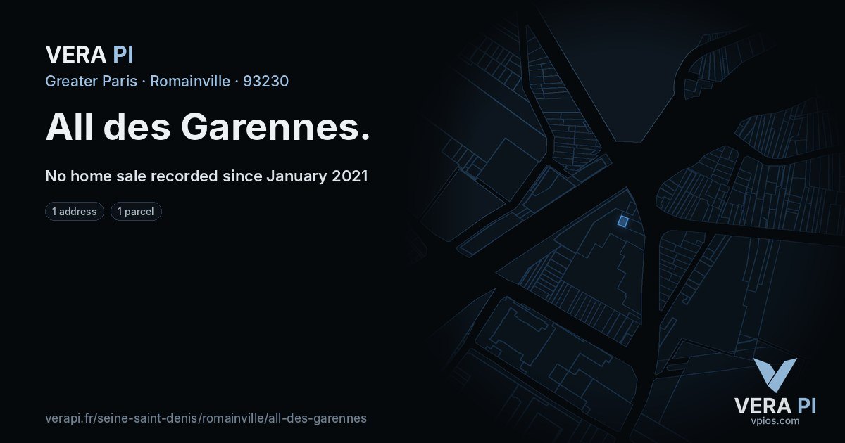 All des Garennes, Romainville at night – every parcel coloured by the prices around it, the street's own parcels lit