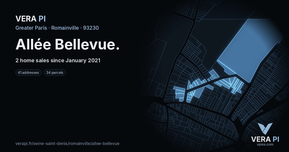 Allée Bellevue, Romainville at night – every parcel coloured by the prices around it, the street's own parcels lit