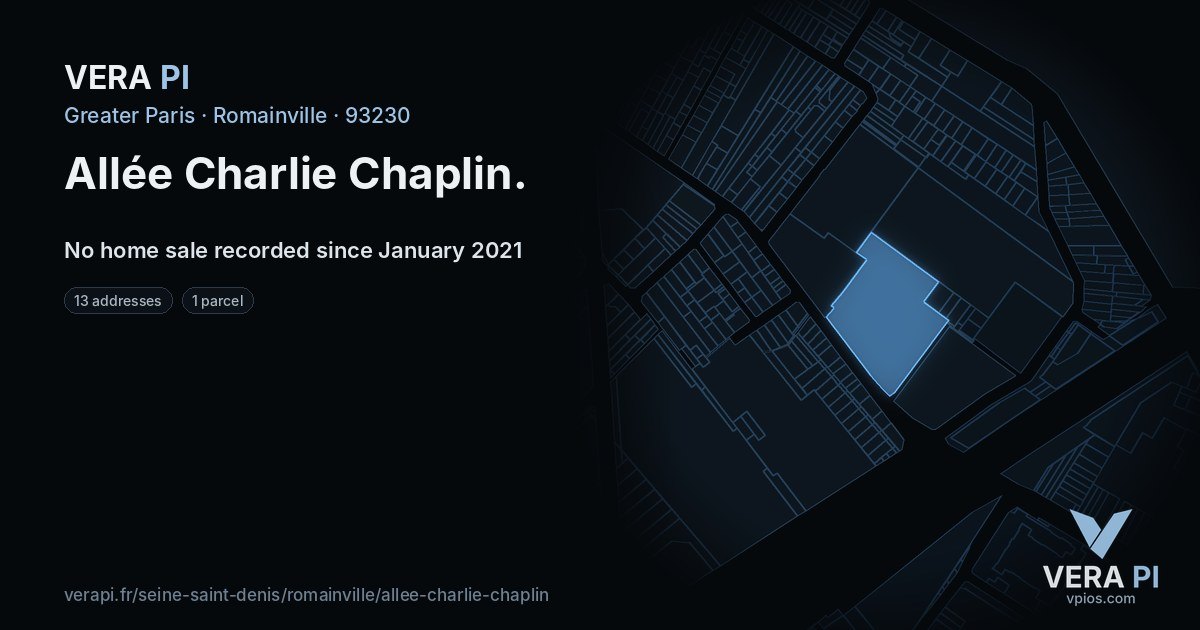 Allée Charlie Chaplin, Romainville at night – every parcel coloured by the prices around it, the street's own parcels lit