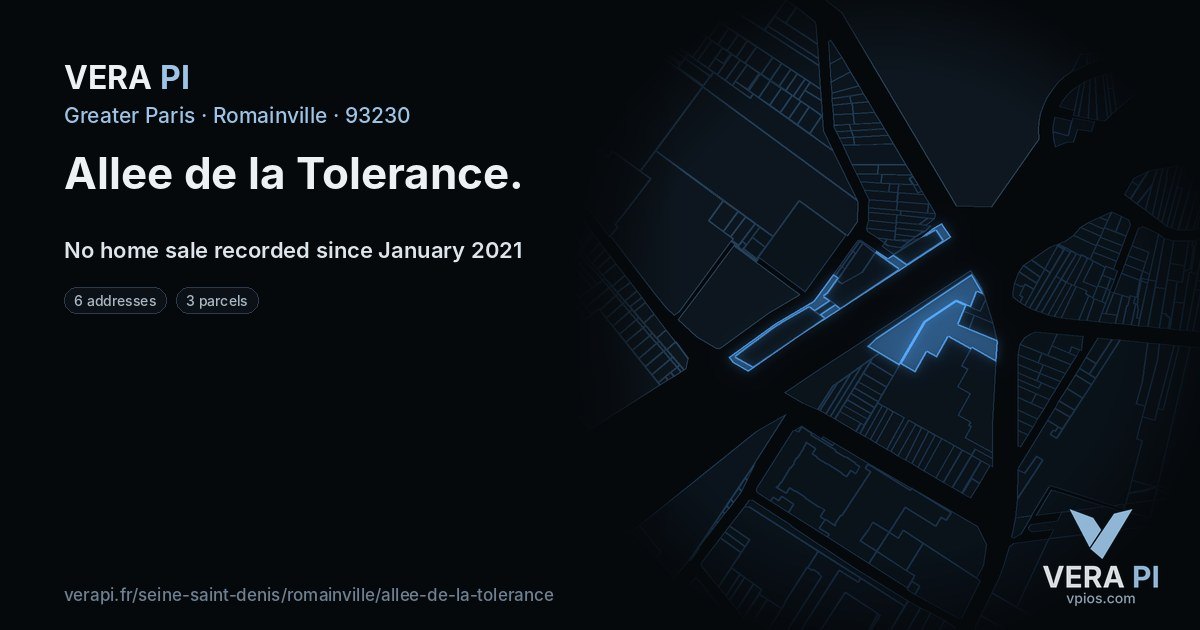 Allee de la Tolerance, Romainville at night – every parcel coloured by the prices around it, the street's own parcels lit