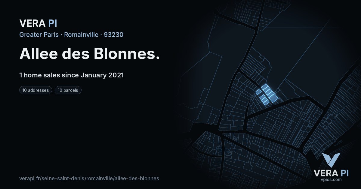 Allee des Blonnes, Romainville at night – every parcel coloured by the prices around it, the street's own parcels lit