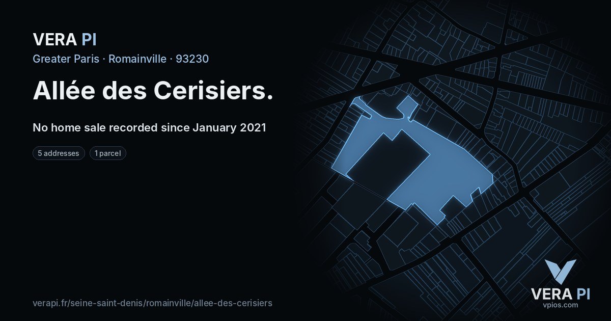 Allée des Cerisiers, Romainville at night – every parcel coloured by the prices around it, the street's own parcels lit