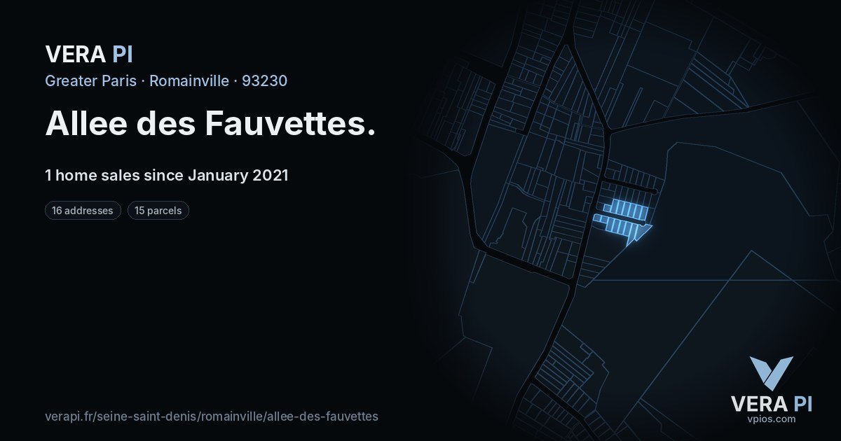 Allee des Fauvettes, Romainville at night – every parcel coloured by the prices around it, the street's own parcels lit
