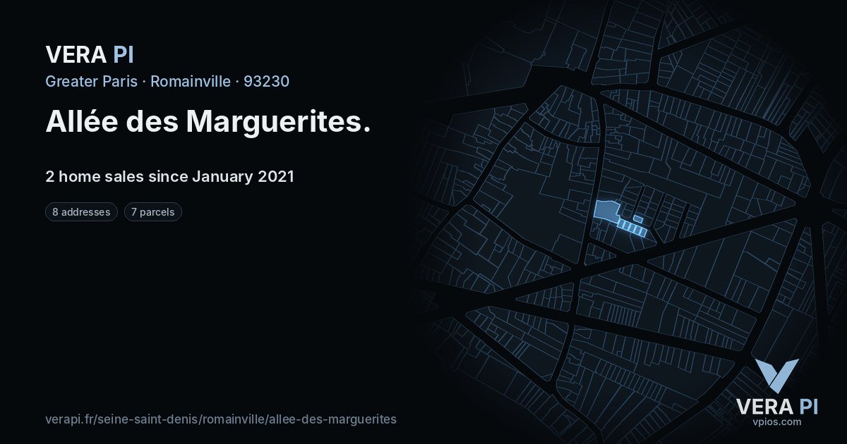 Allée des Marguerites, Romainville at night – every parcel coloured by the prices around it, the street's own parcels lit