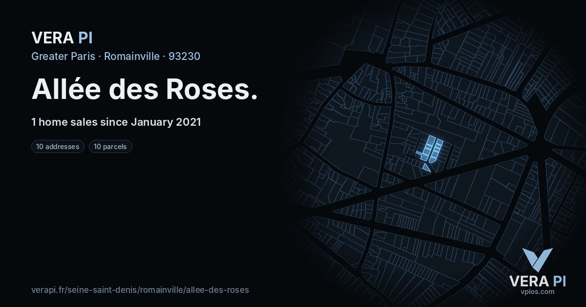 Allée des Roses, Romainville at night – every parcel coloured by the prices around it, the street's own parcels lit
