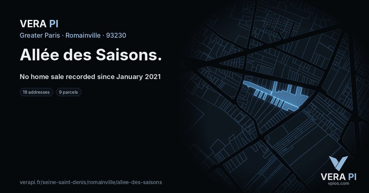 Allée des Saisons, Romainville at night – every parcel coloured by the prices around it, the street's own parcels lit