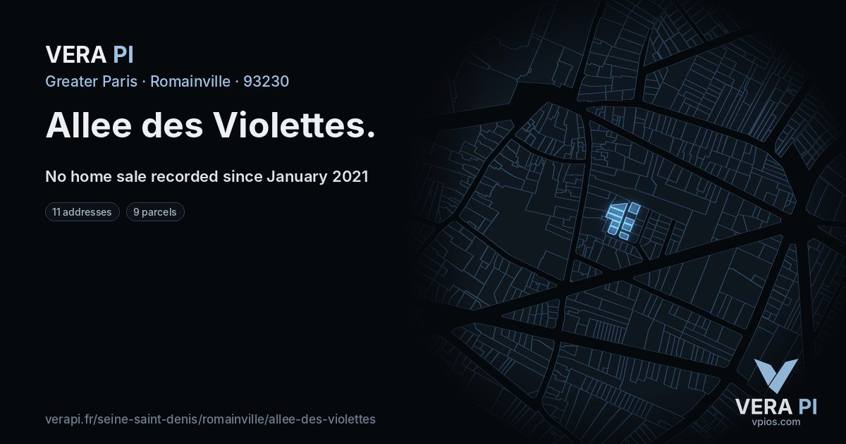 Allee des Violettes, Romainville at night – every parcel coloured by the prices around it, the street's own parcels lit