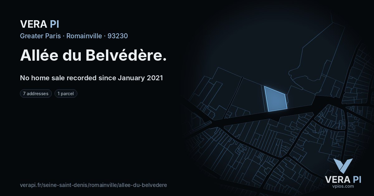 Allée du Belvédère, Romainville at night – every parcel coloured by the prices around it, the street's own parcels lit