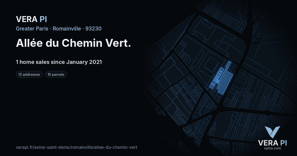 Allée du Chemin Vert, Romainville at night – every parcel coloured by the prices around it, the street's own parcels lit