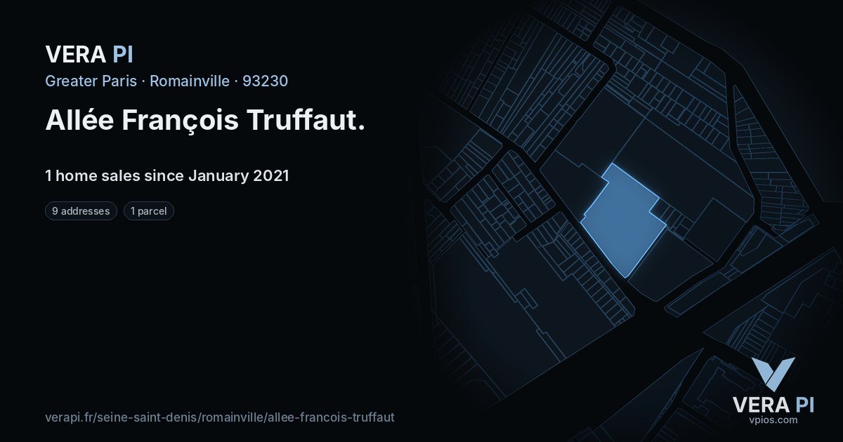 Allée François Truffaut, Romainville at night – every parcel coloured by the prices around it, the street's own parcels lit
