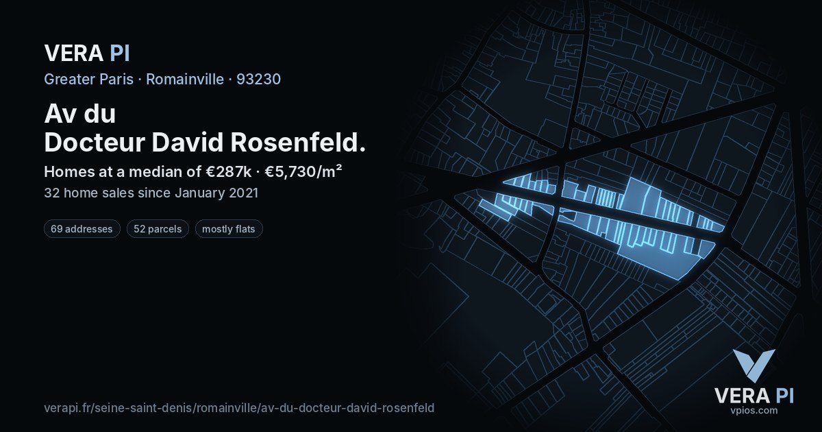 Av du Docteur David Rosenfeld, Romainville at night – every parcel coloured by the prices around it, the street's own parcels lit