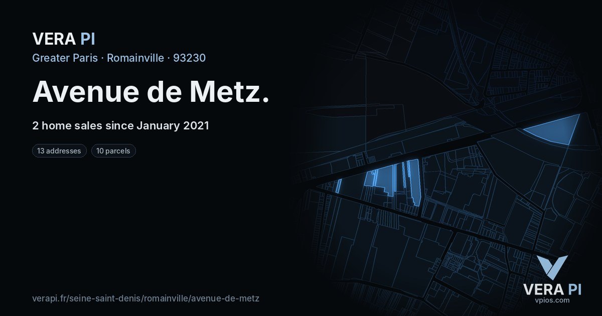 Avenue de Metz, Romainville at night – every parcel coloured by the prices around it, the street's own parcels lit
