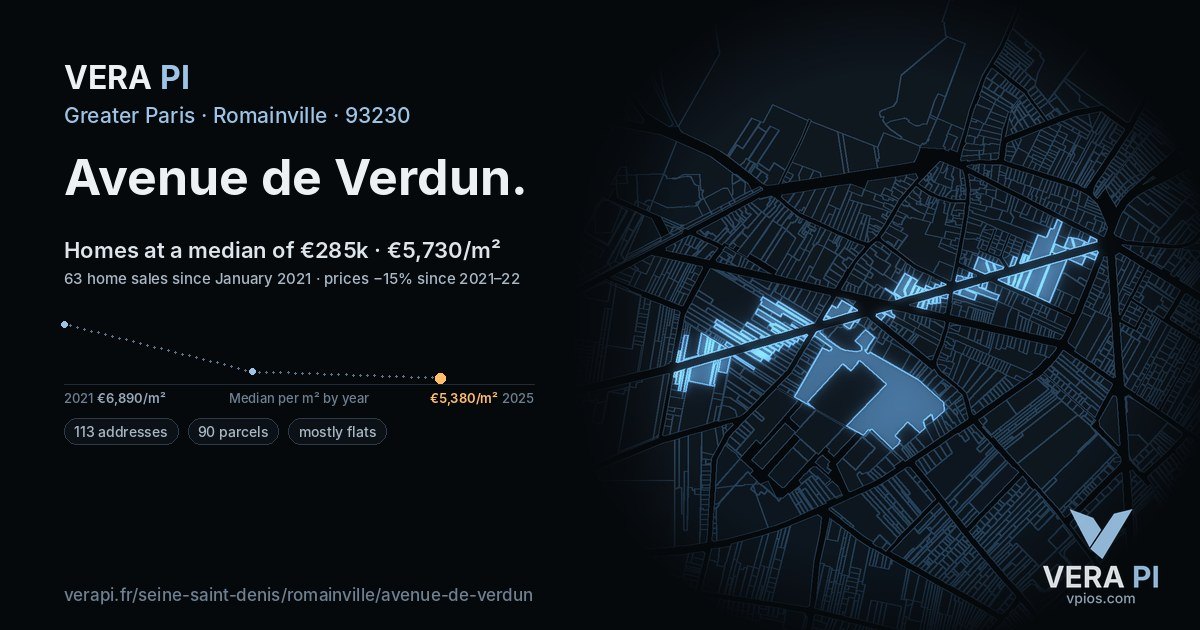 Avenue de Verdun, Romainville at night – every parcel coloured by the prices around it, the street's own parcels lit