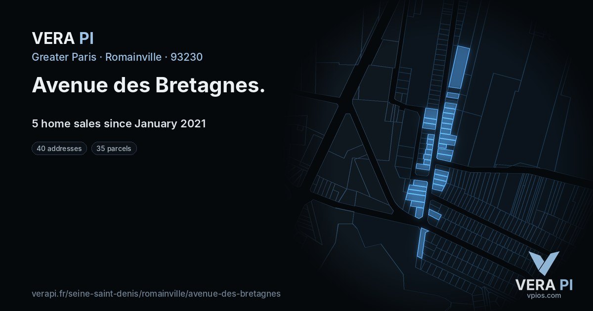 Avenue des Bretagnes, Romainville at night – every parcel coloured by the prices around it, the street's own parcels lit
