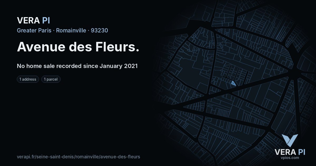 Avenue des Fleurs, Romainville at night – every parcel coloured by the prices around it, the street's own parcels lit