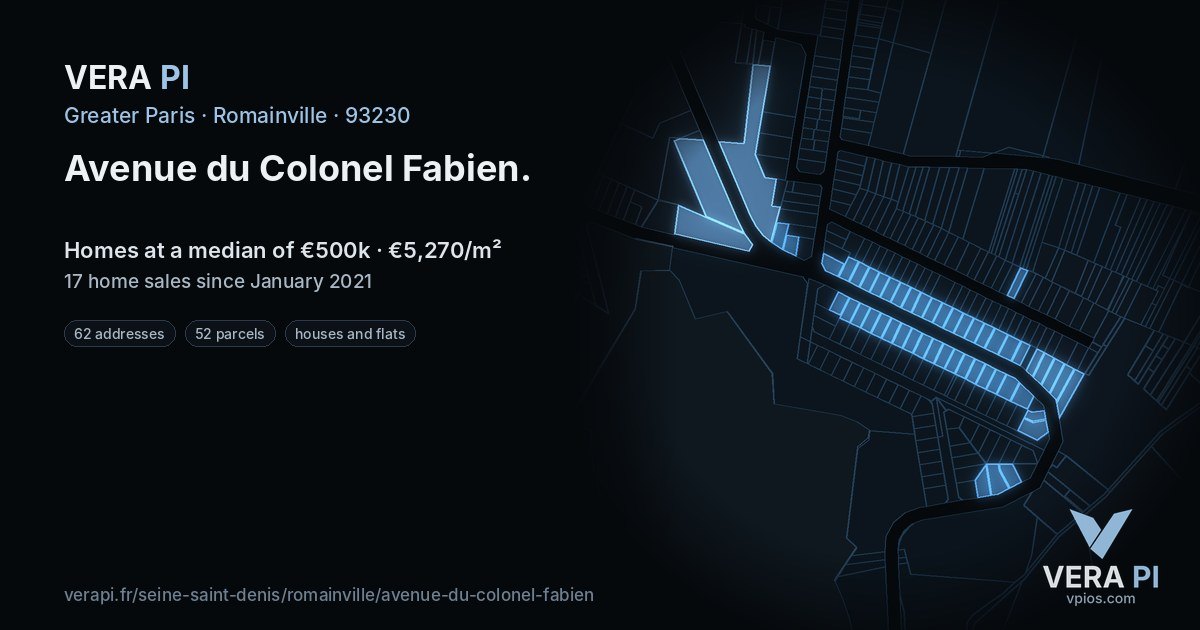 Avenue du Colonel Fabien, Romainville at night – every parcel coloured by the prices around it, the street's own parcels lit