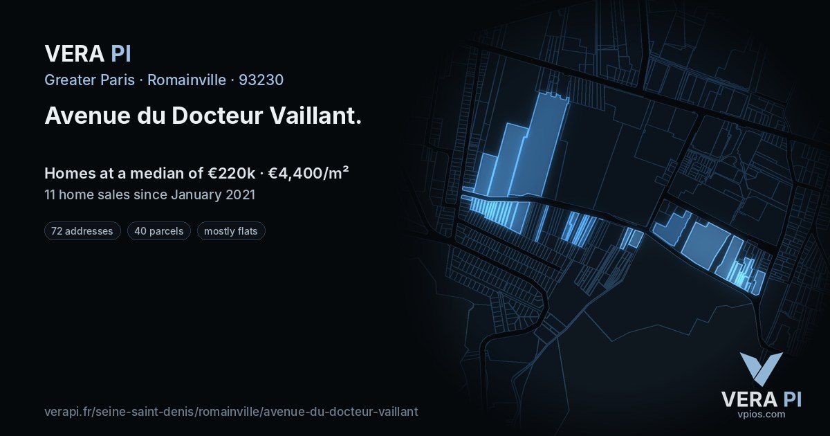 Avenue du Docteur Vaillant, Romainville at night – every parcel coloured by the prices around it, the street's own parcels lit