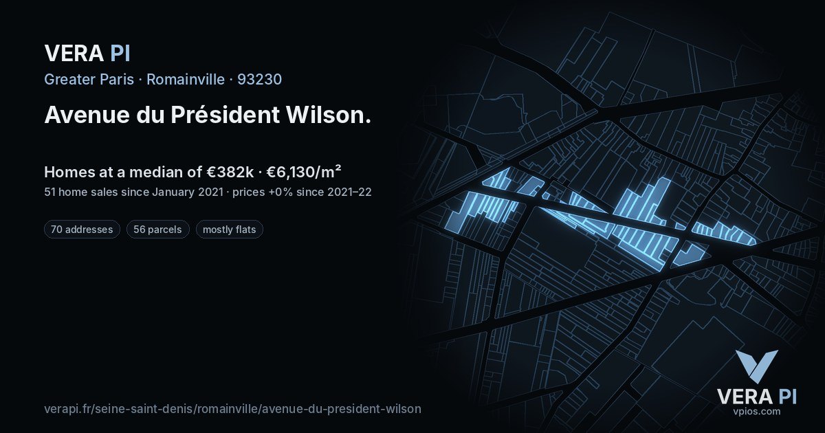 Avenue du Président Wilson, Romainville at night – every parcel coloured by the prices around it, the street's own parcels lit
