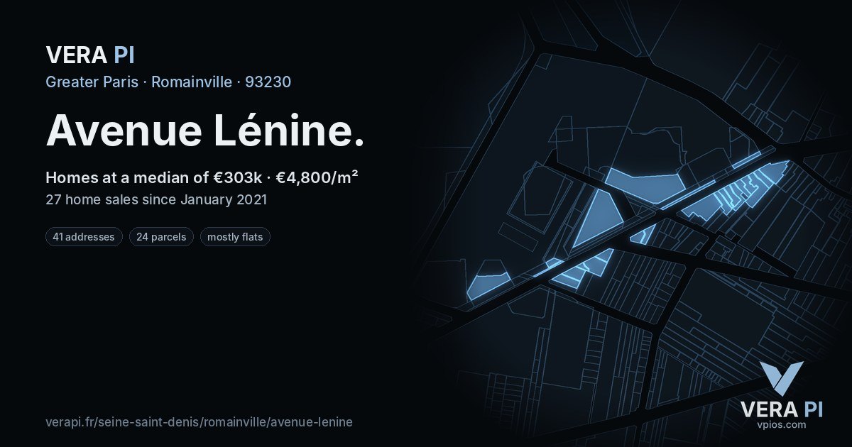 Avenue Lénine, Romainville at night – every parcel coloured by the prices around it, the street's own parcels lit