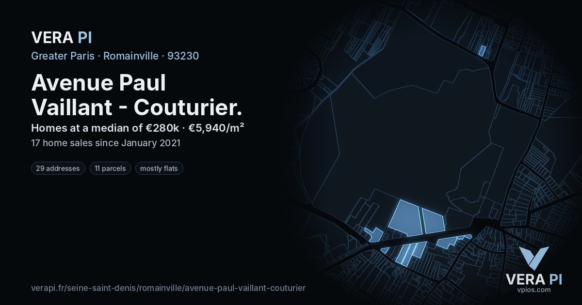 Avenue Paul Vaillant - Couturier, Romainville at night – every parcel coloured by the prices around it, the street's own parcels lit