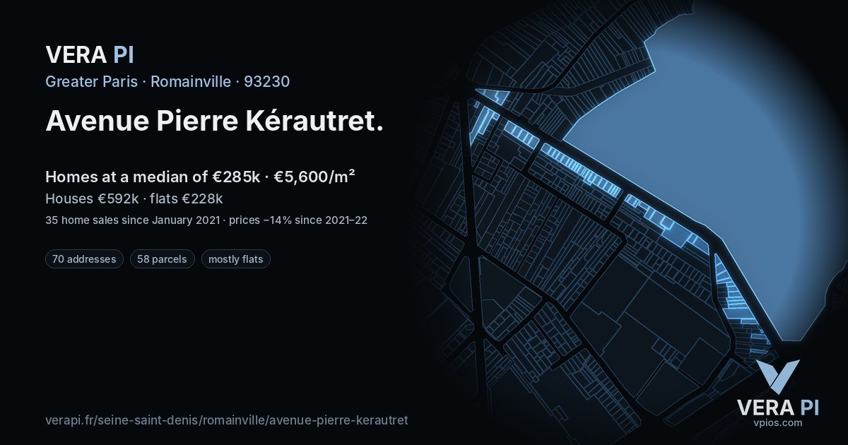Avenue Pierre Kérautret, Romainville at night – every parcel coloured by the prices around it, the street's own parcels lit