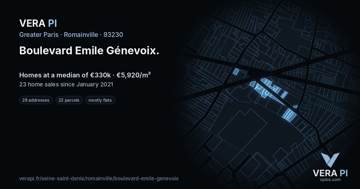Boulevard Emile Génevoix, Romainville at night – every parcel coloured by the prices around it, the street's own parcels lit