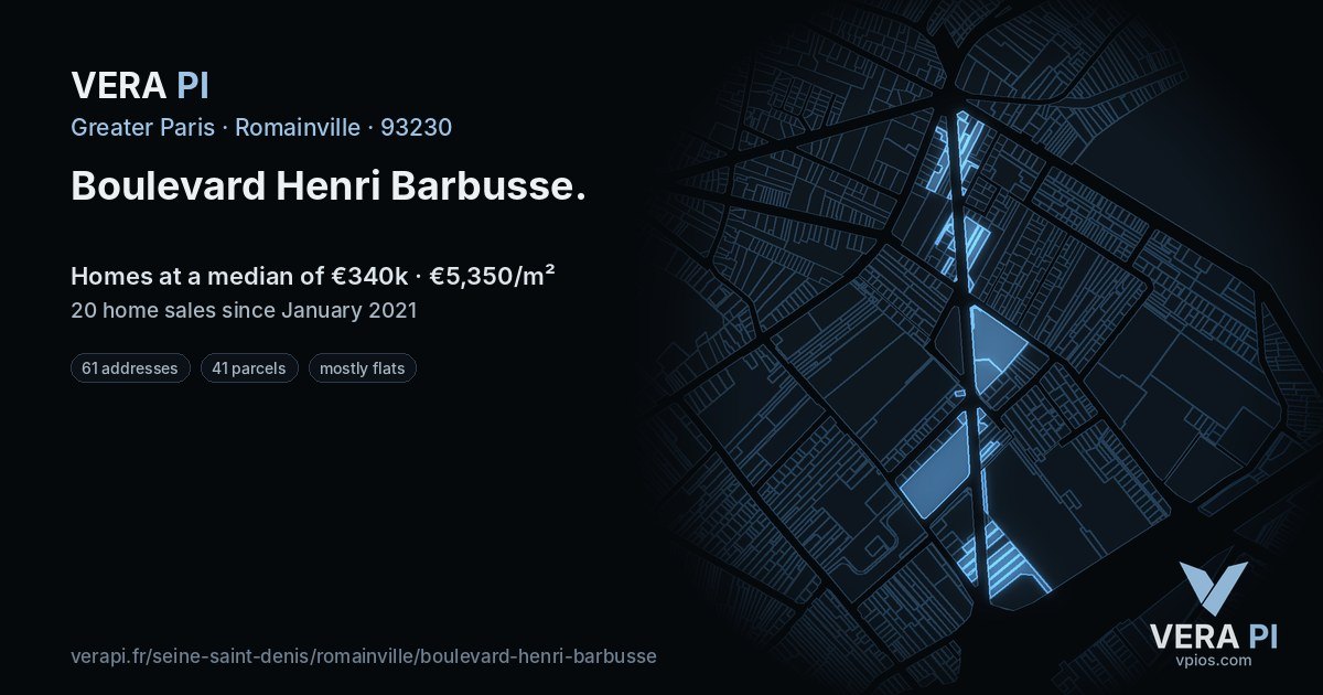 Boulevard Henri Barbusse, Romainville at night – every parcel coloured by the prices around it, the street's own parcels lit