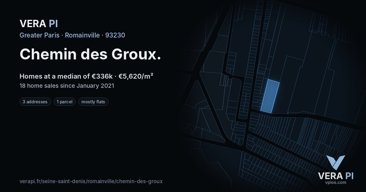 Chemin des Groux, Romainville at night – every parcel coloured by the prices around it, the street's own parcels lit