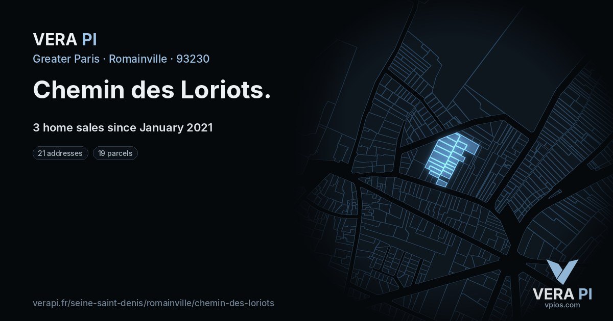 Chemin des Loriots, Romainville at night – every parcel coloured by the prices around it, the street's own parcels lit