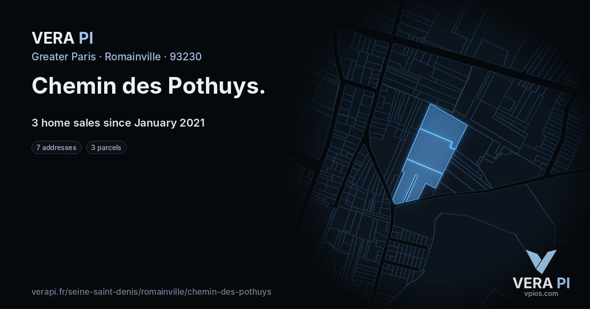 Chemin des Pothuys, Romainville at night – every parcel coloured by the prices around it, the street's own parcels lit