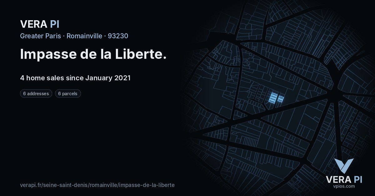 Impasse de la Liberte, Romainville at night – every parcel coloured by the prices around it, the street's own parcels lit
