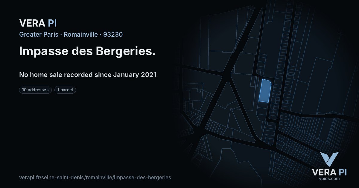 Impasse des Bergeries, Romainville at night – every parcel coloured by the prices around it, the street's own parcels lit