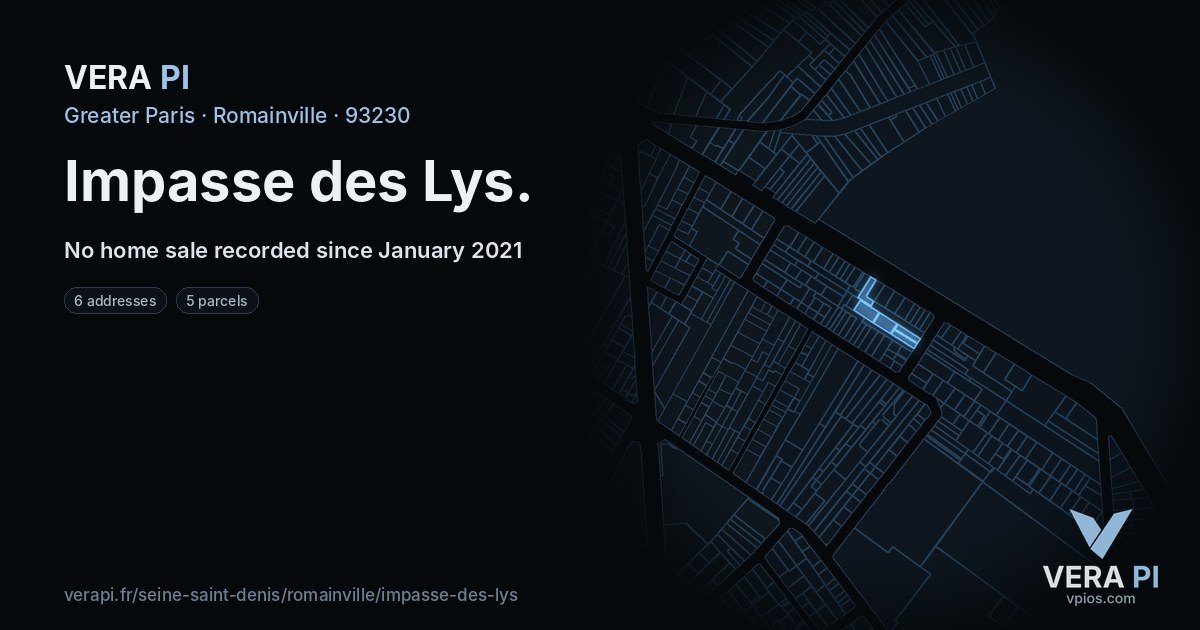 Impasse des Lys, Romainville at night – every parcel coloured by the prices around it, the street's own parcels lit