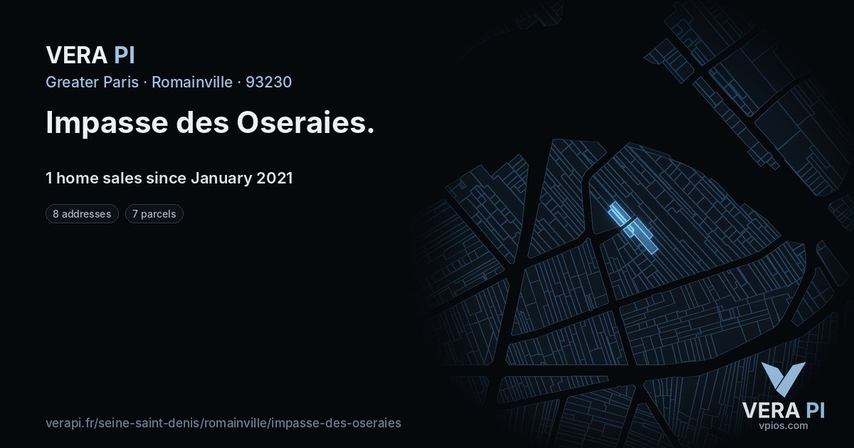 Impasse des Oseraies, Romainville at night – every parcel coloured by the prices around it, the street's own parcels lit