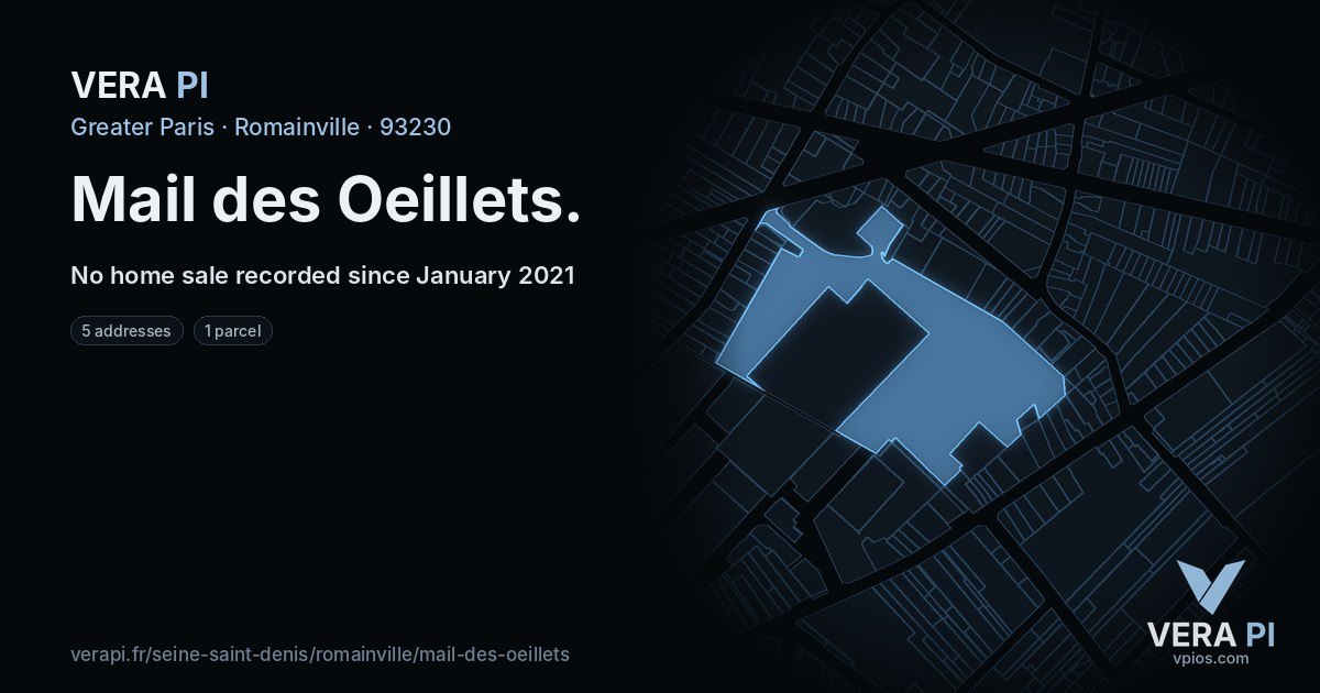 Mail des Oeillets, Romainville at night – every parcel coloured by the prices around it, the street's own parcels lit
