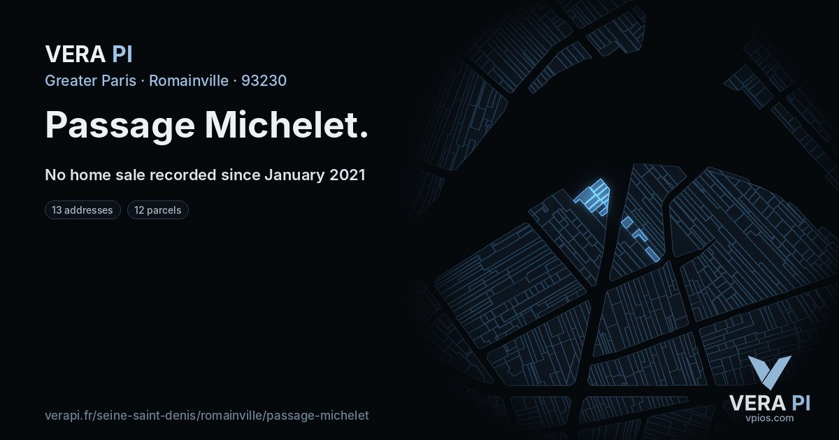 Passage Michelet, Romainville at night – every parcel coloured by the prices around it, the street's own parcels lit